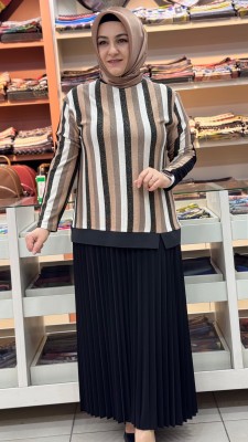 Sim Görünümlü Çizgili Etekli Takım Siyah/11130 - Thumbnail