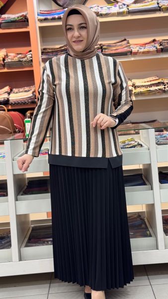 Sim Görünümlü Çizgili Etekli Takım Siyah/11130