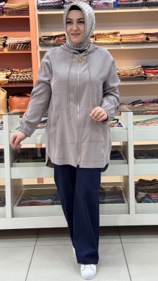 Armine Trend - Simli İp Detaylı Kapşonlu Kap Vizon/1139