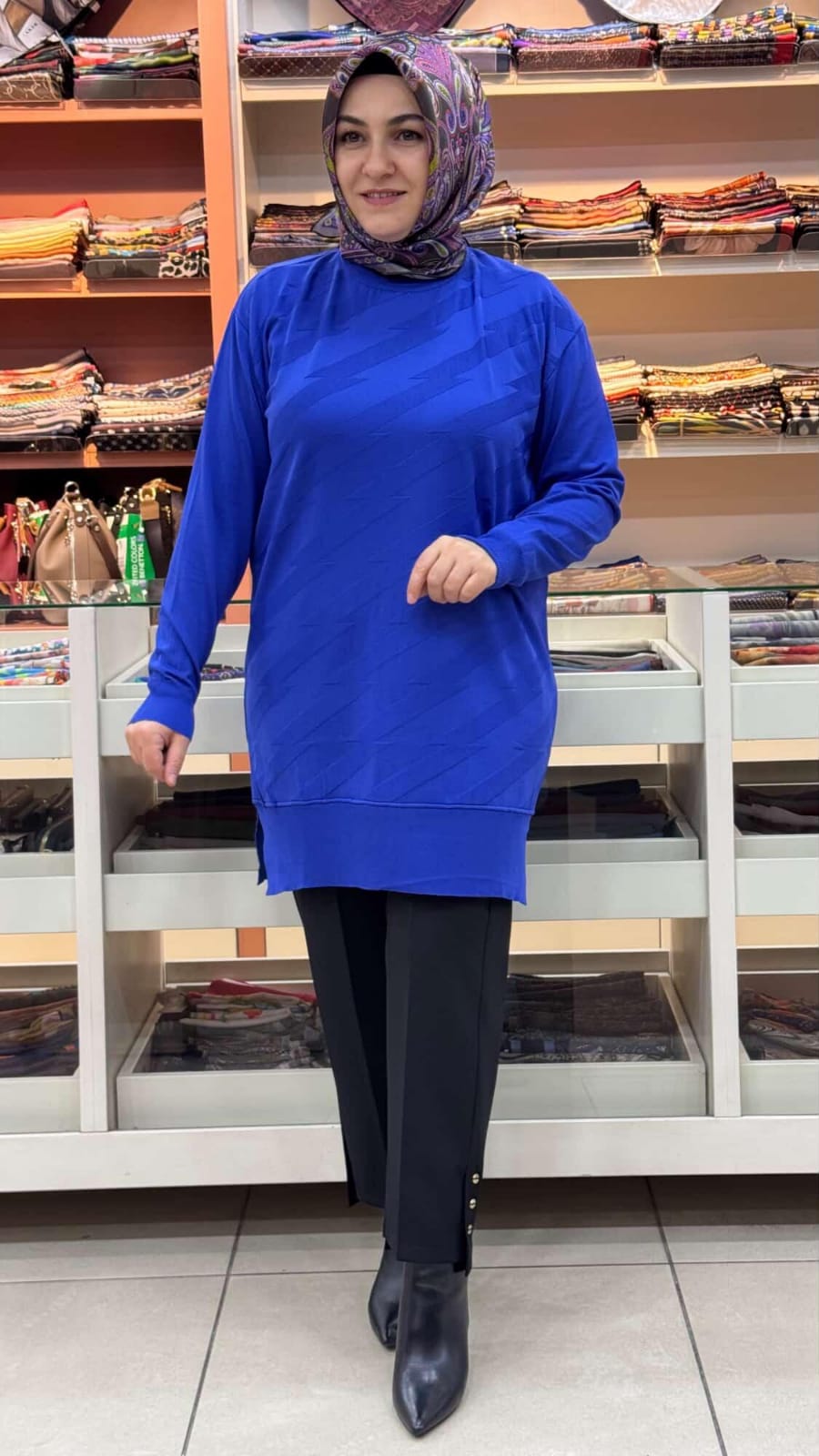 inza moda - Şimşek Desen Triko Tunik Saks/1876