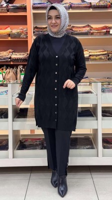 Su Dalgası Desenli Triko Hırka Siyah/3239 - Thumbnail