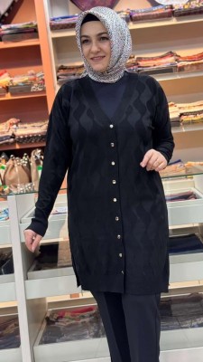 Su Dalgası Desenli Triko Hırka Siyah/3239 - Thumbnail