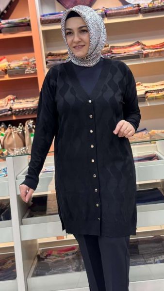 Su Dalgası Desenli Triko Hırka Siyah/3239