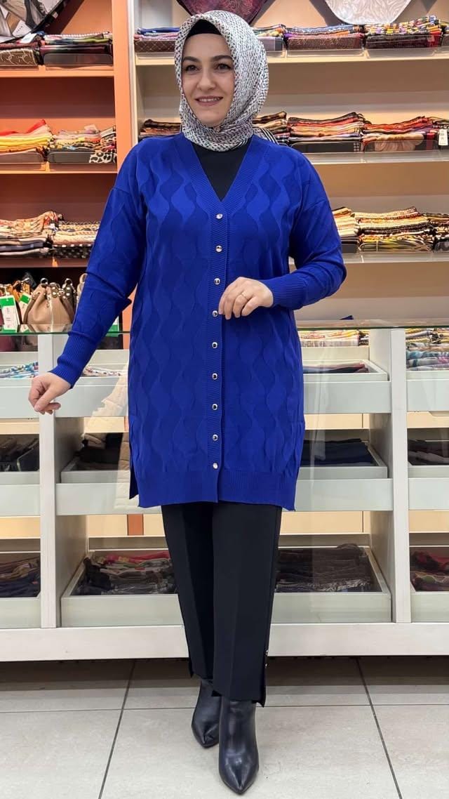  - Su Dalgası Desenli Triko Hırka Saks/3239