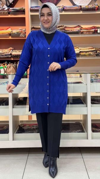 Su Dalgası Desenli Triko Hırka Saks/3239