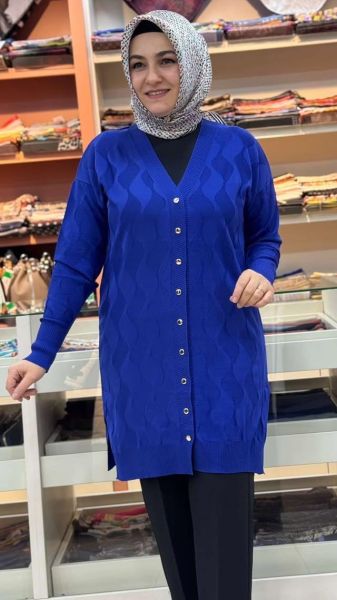 Su Dalgası Desenli Triko Hırka Saks/3239