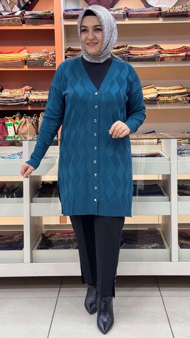  - Su Dalgası Desenli Triko Hırka Petrol/3239