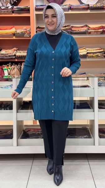 Su Dalgası Desenli Triko Hırka Petrol/3239