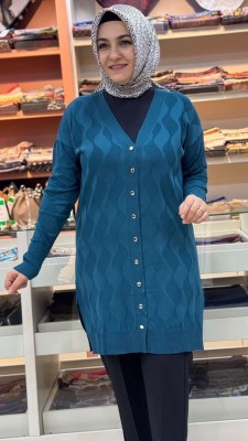 Su Dalgası Desenli Triko Hırka Petrol/3239 - Thumbnail