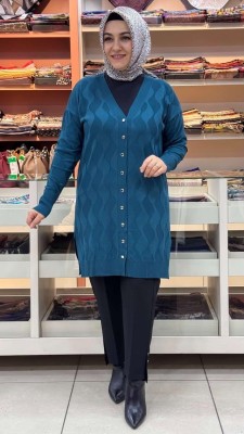 Su Dalgası Desenli Triko Hırka Petrol/3239 - Thumbnail