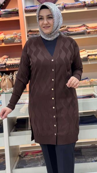 Su Dalgası Desenli Triko Hırka Acı Kahve/3239