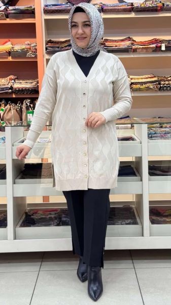 Su Dalgası Desenli Triko Hırka Krem/3239