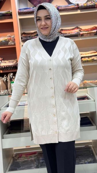 Su Dalgası Desenli Triko Hırka Krem/3239