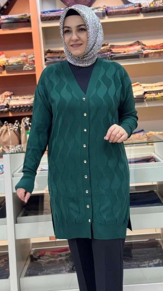 Su Dalgası Desenli Triko Hırka Zümrüt/3239