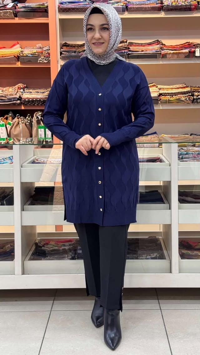  - Su Dalgası Desenli Triko Hırka Lacivert/3239