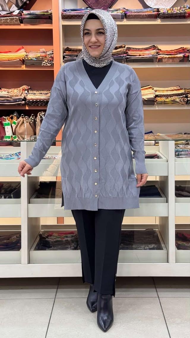  - Su Dalgası Desenli Triko Hırka Gri/3239