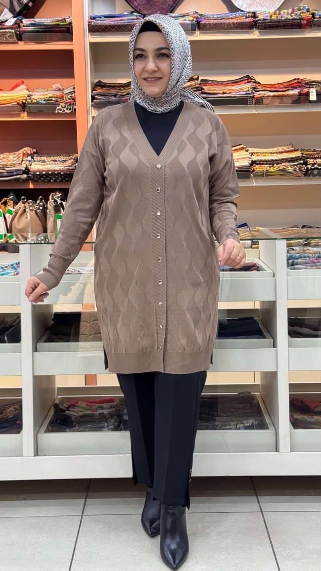  - Su Dalgası Desenli Triko Hırka Vizon/3239