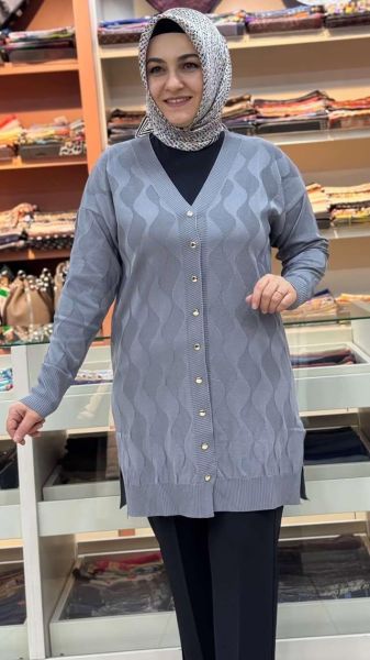 Su Dalgası Desenli Triko Hırka Gri/3239