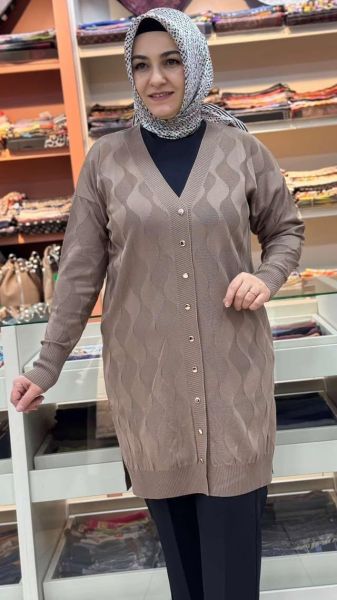 Su Dalgası Desenli Triko Hırka Vizon/3239