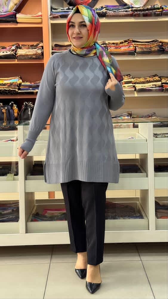  - Su Dalgası Desenli Triko Tunik Gri/3232