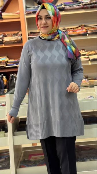 Su Dalgası Desenli Triko Tunik Gri/3232