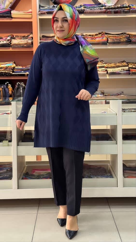  - Su Dalgası Desenli Triko Tunik Lacivert/3232
