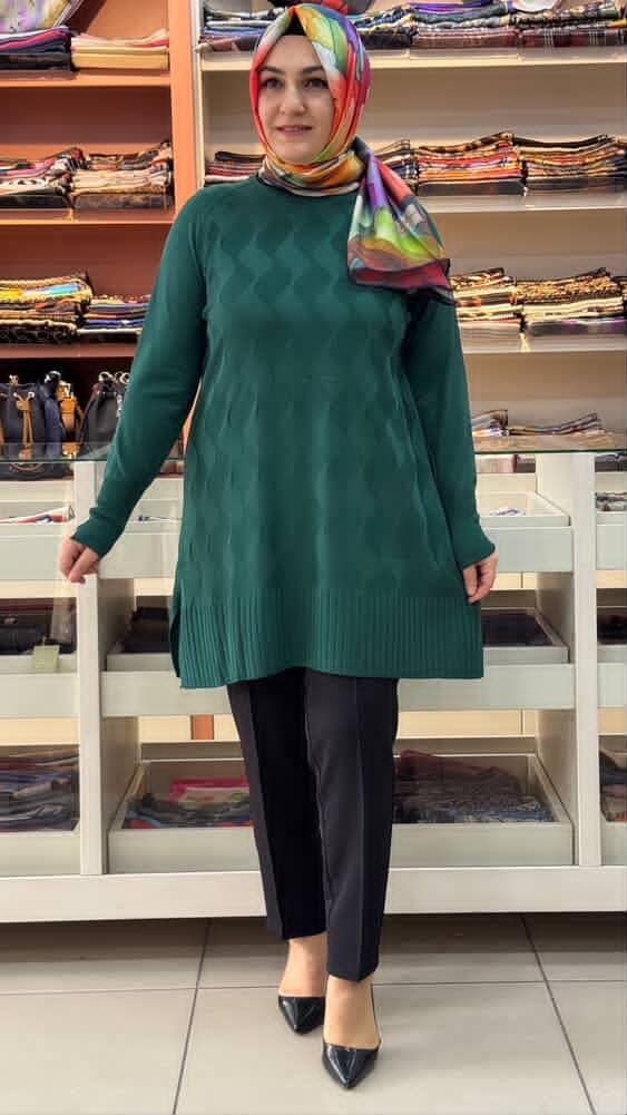  - Su Dalgası Desenli Triko Tunik Zümrüt/3232