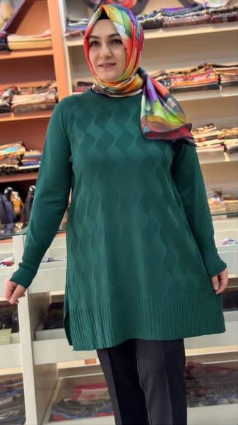 Su Dalgası Desenli Triko Tunik Zümrüt/3232