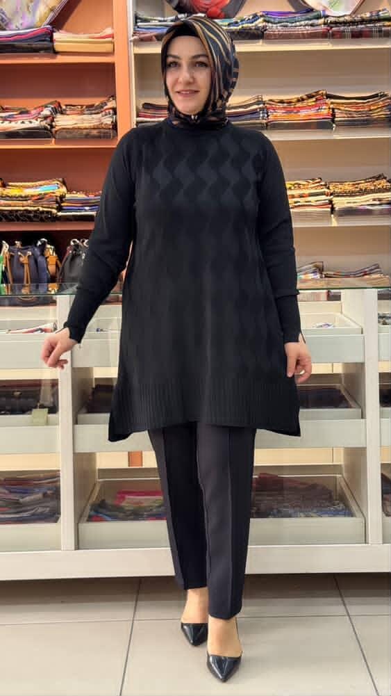 - Su Dalgası Desenli Triko Tunik Siyah/3232