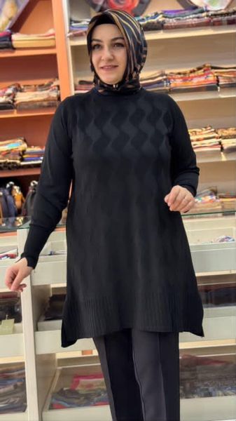 Su Dalgası Desenli Triko Tunik Siyah/3232