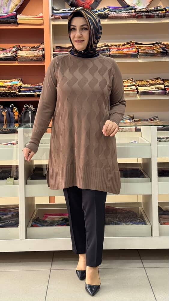  - Su Dalgası Desenli Triko Tunik Kahve/3232