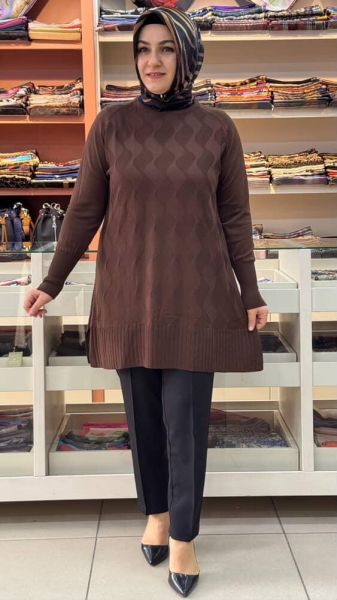 Su Dalgası Desenli Triko Tunik Acı Kahve/3232