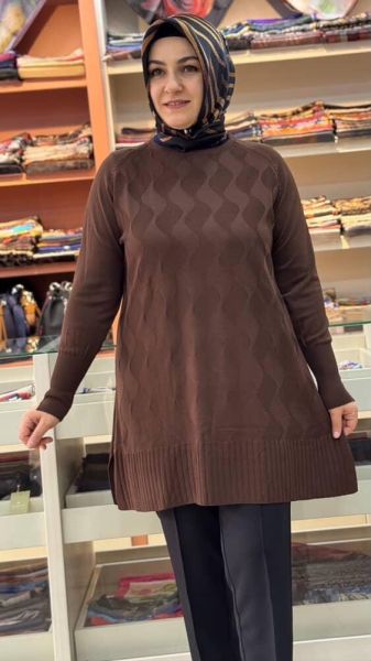 Su Dalgası Desenli Triko Tunik Acı Kahve/3232