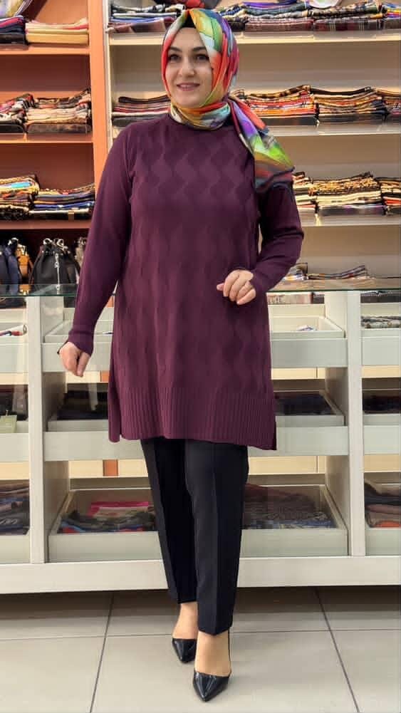  - Su Dalgası Desenli Triko Tunik Mürdüm/3232