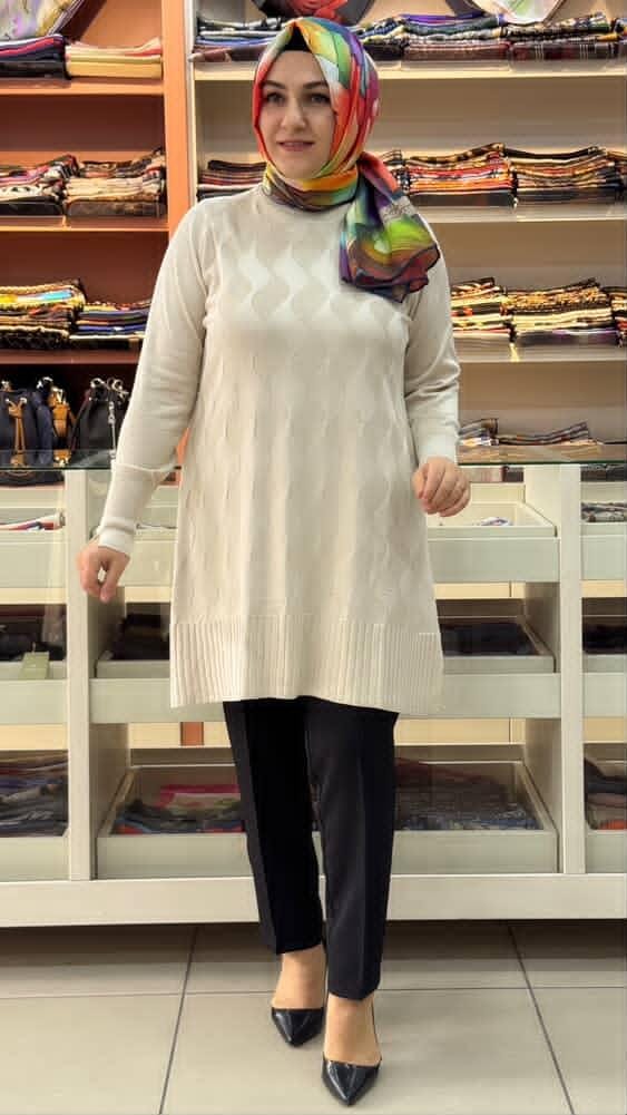  - Su Dalgası Desenli Triko Tunik Krem/3232