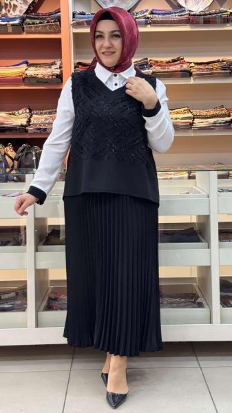 Süveteri Simli İp Detaylı Etekli Takım Siyah/27131