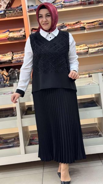 Süveteri Simli İp Detaylı Etekli Takım Siyah/27131