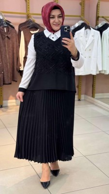 Süveteri Simli İp Detaylı Etekli Takım Siyah/27131 - Thumbnail