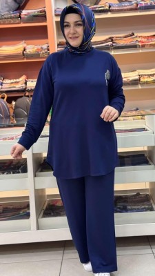 Taş Aksesuarlı Takım Saks/1291 - Thumbnail