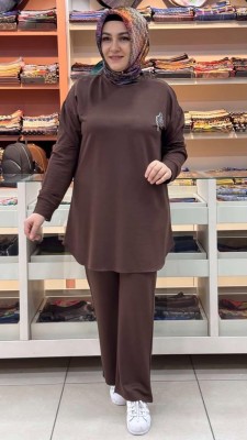 inza moda - Taş Aksesuarlı Takım Kahve/1291