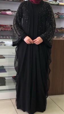  - Taş Detaylı Abaya Siyah / 7078