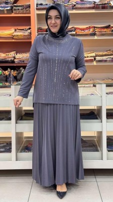 inza moda - Taş Detaylı Etekli Takım Gri/2019
