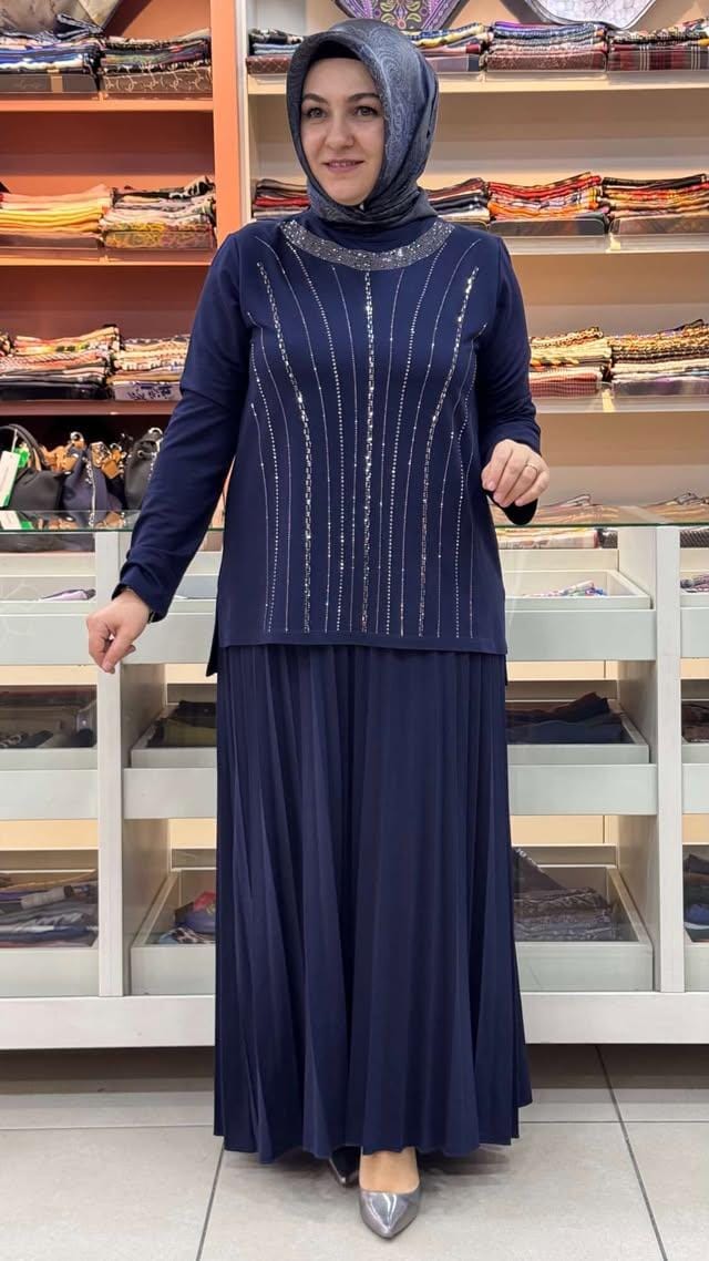 inza moda - Taş Detaylı Etekli Takım Lacivert/2019
