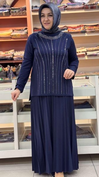 Taş Detaylı Etekli Takım Lacivert/2019