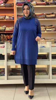 Taş Detaylı Merserize Triko Tunik Saks/1836 - Thumbnail