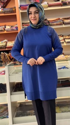 Taş Detaylı Merserize Triko Tunik Saks/1836 - Thumbnail