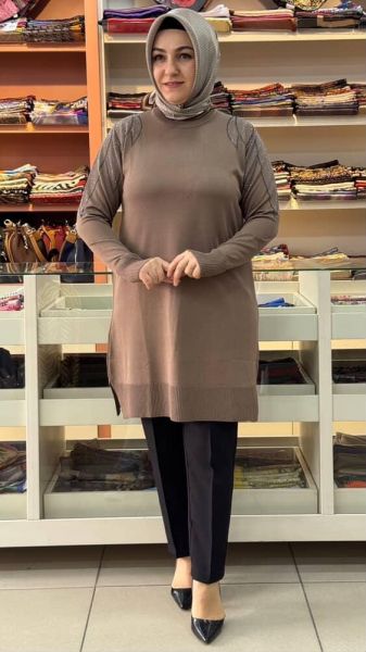 Taş Detaylı Merserize Triko Tunik Koyu Vizon/1836