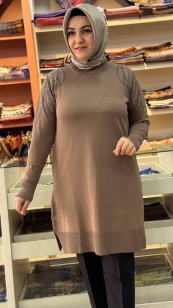 Taş Detaylı Merserize Triko Tunik Koyu Vizon/1836