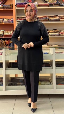  - Taş Detaylı Merserize Triko Tunik Siyah/1836