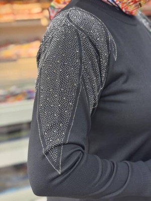 Taş Detaylı Merserize Triko Tunik Siyah/1836 - Thumbnail